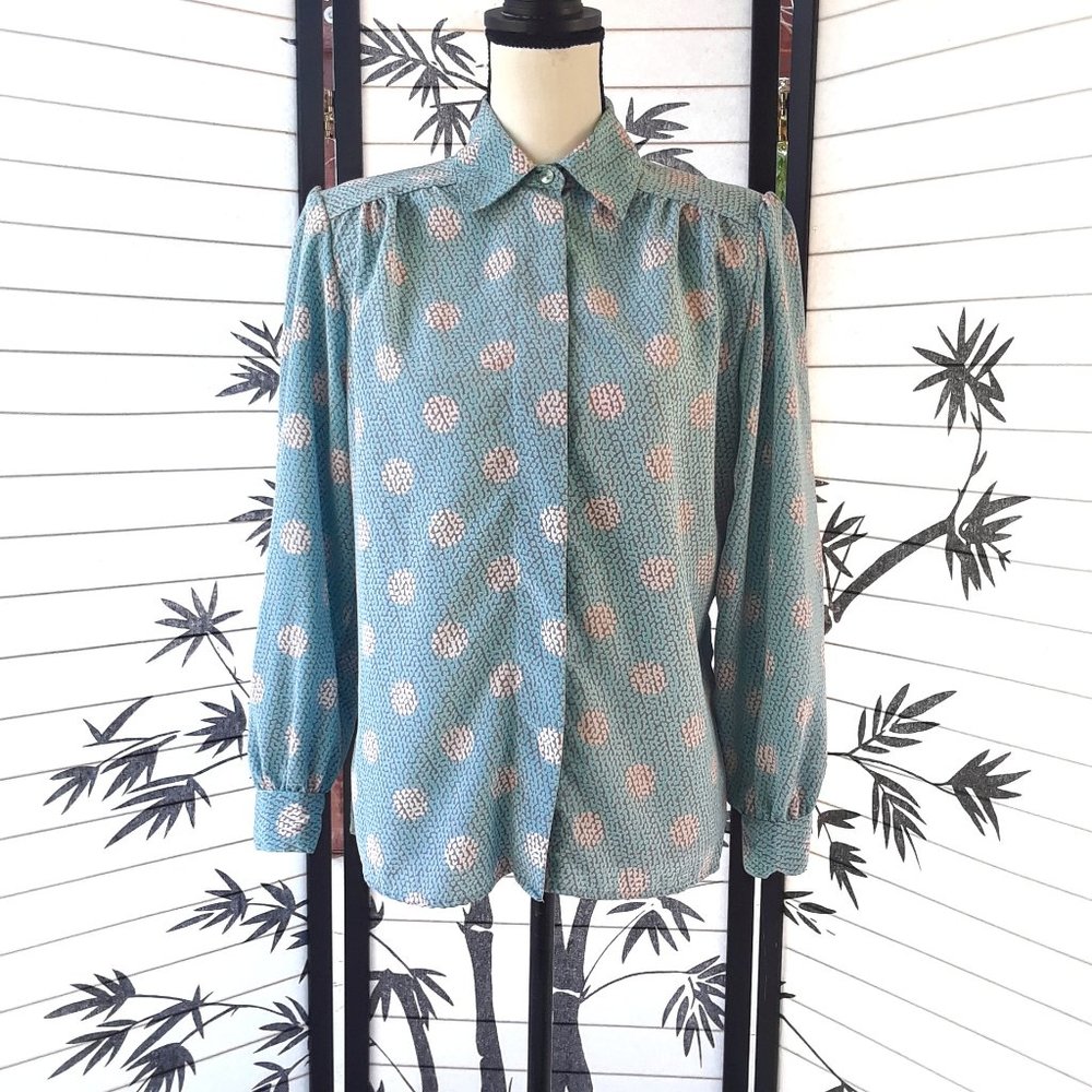 Vintage 1970s Sky Blue and Pink Polka Dot Lightweight Dress Shirt